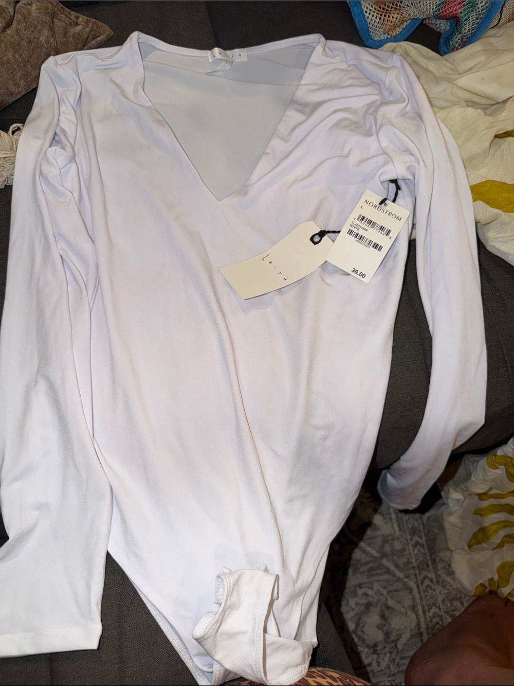 Nordstrom White V-Neck Long Sleeve Bodysuit